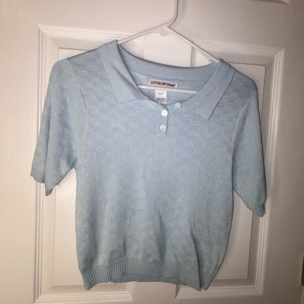 Pastel Blue Collared Cotton Emporium Women’s Top - Size Large